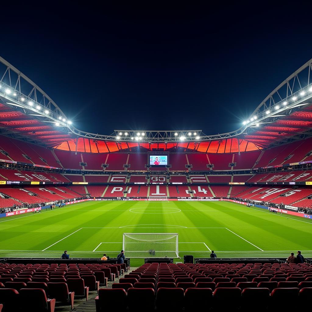 Die BayArena, das Heimstadion von Bayer 04 Leverkusen, erstrahlt in den Vereinsfarben.