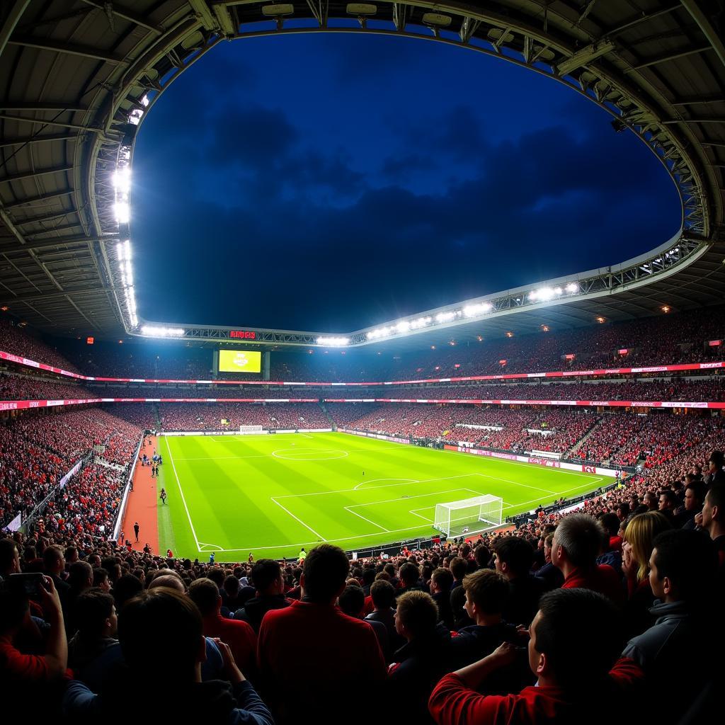 Das beleuchtete Stadion von Bayer 04 Leverkusen bei Nacht