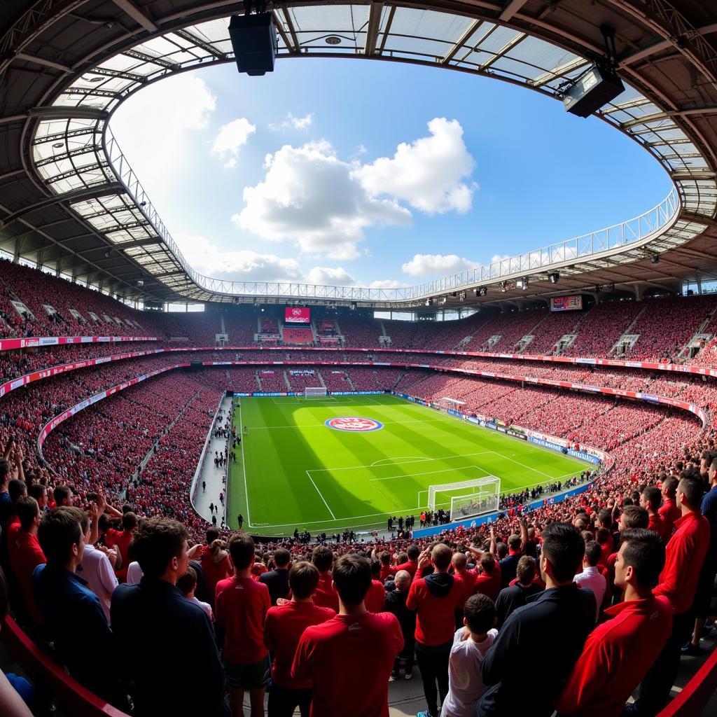 Panoramablick auf das Stadion von Bayer 04 Leverkusen mit jubelnden Fans