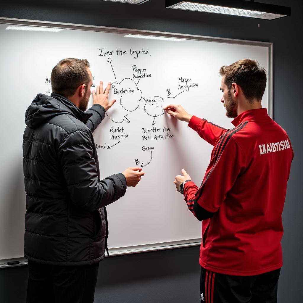 Trainer von Bayer 04 Leverkusen erklärt Taktik an der Tafel