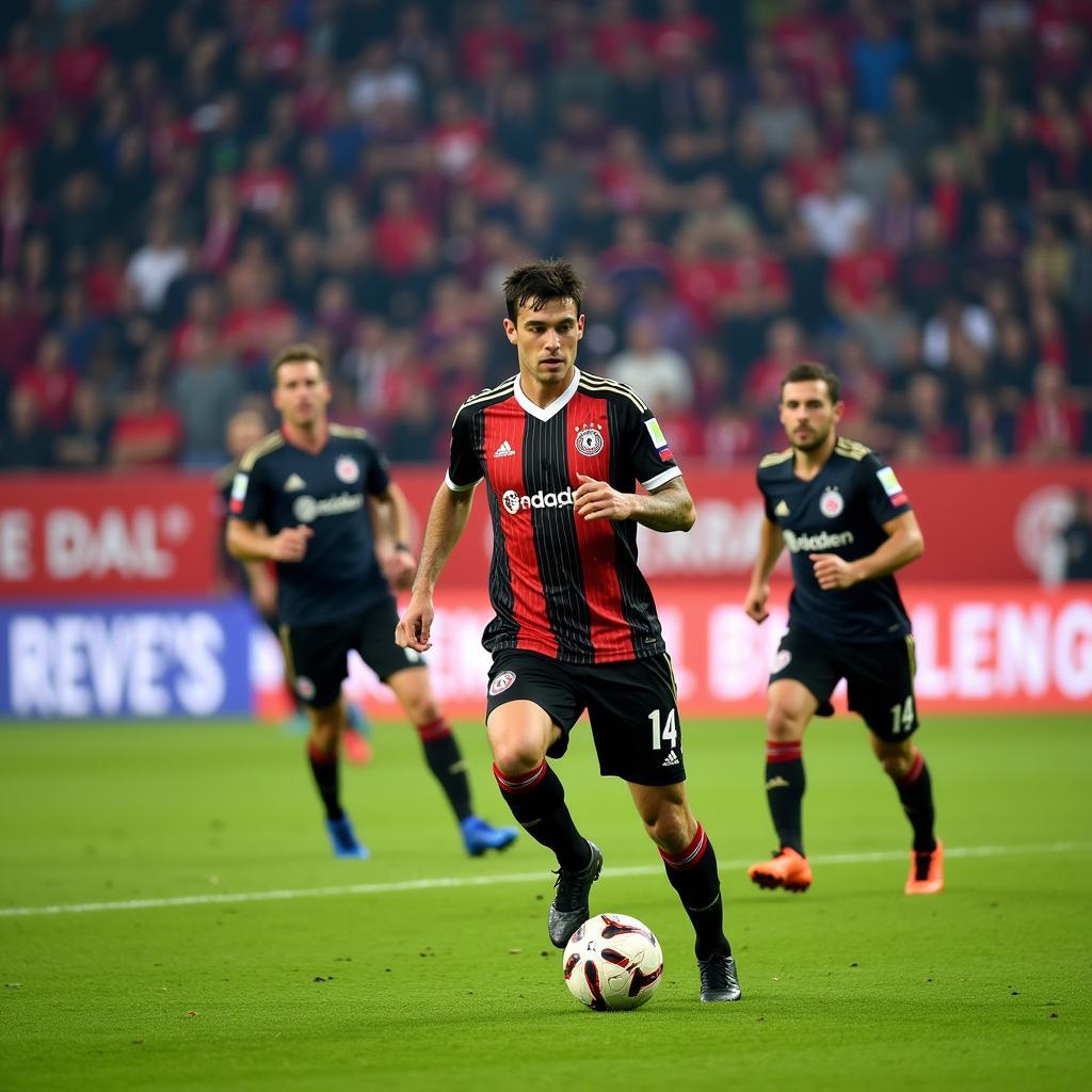 Dynamische Aufnahme von Bayer 04 Spielern in Aktion auf dem perfekt gepflegten Rasen des Stadions an der Bahnhofstraße.