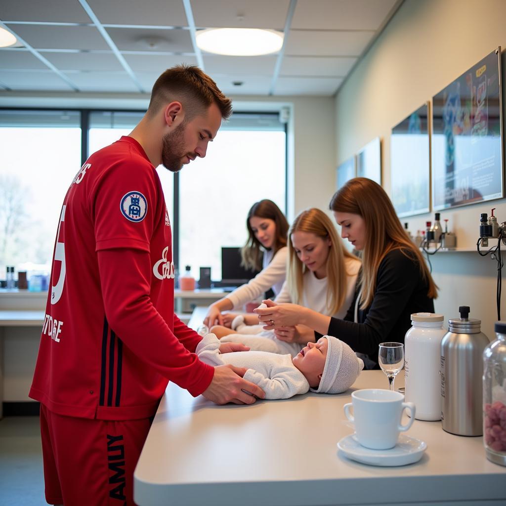 Bayer 04 Spieler besuchen die Babygalerie im Klinikum Leverkusen