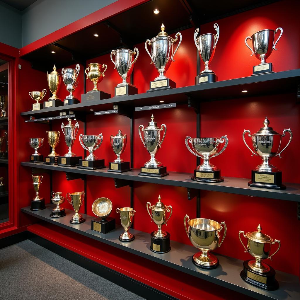 Die Trophäensammlung im Bayer 04 Leverkusen Museum bei einer Bayer AG Leverkusen Besichtigung.