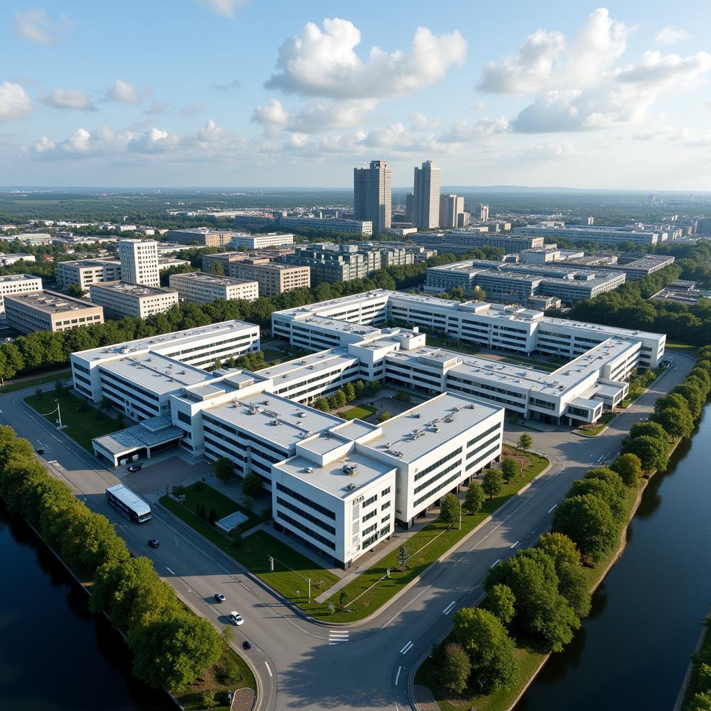 Das Bayer Headquarter Leverkusen aus der Vogelperspektive.