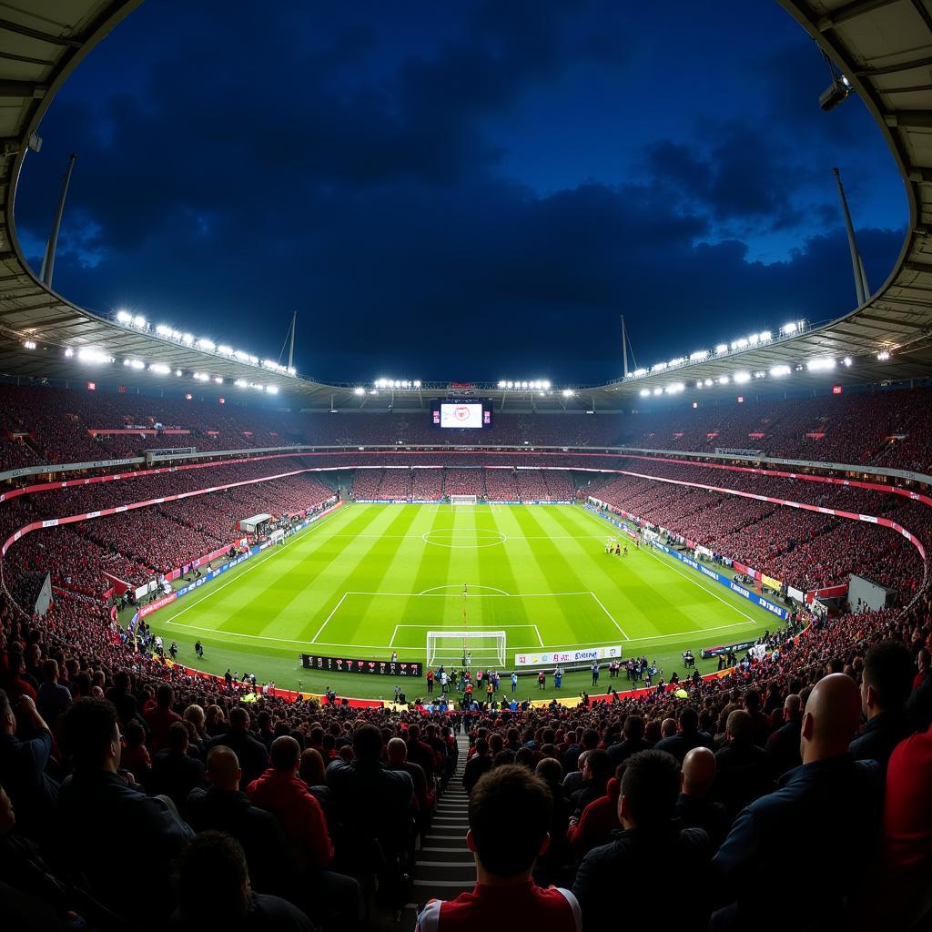 Das BayArena bei Nacht während eines Fußballspiels