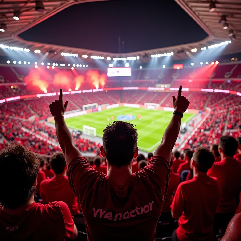 Jubelnde Fans der Bayer Leverkusen AG in der BayArena