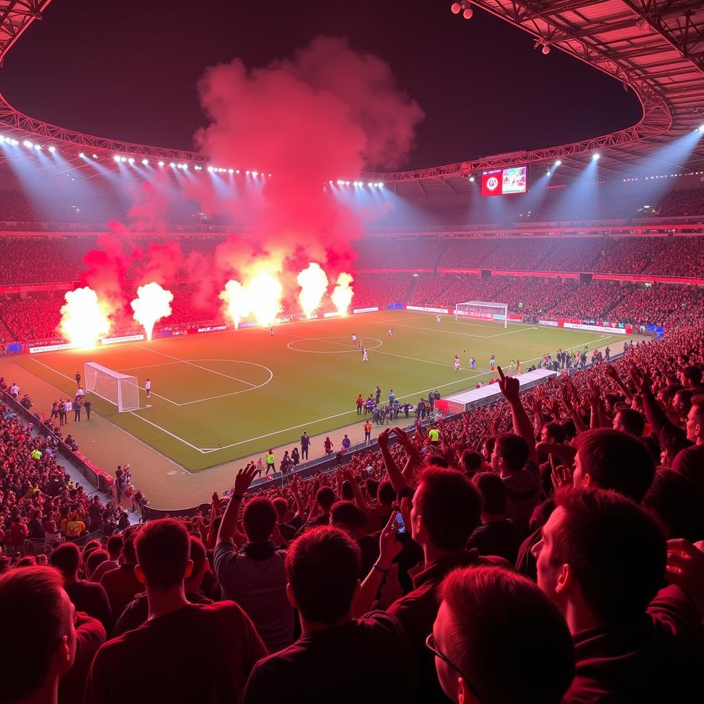 Fans von Bayer Leverkusen und Ajax Amsterdam sorgen im Stadion für eine fantastische Atmosphäre.