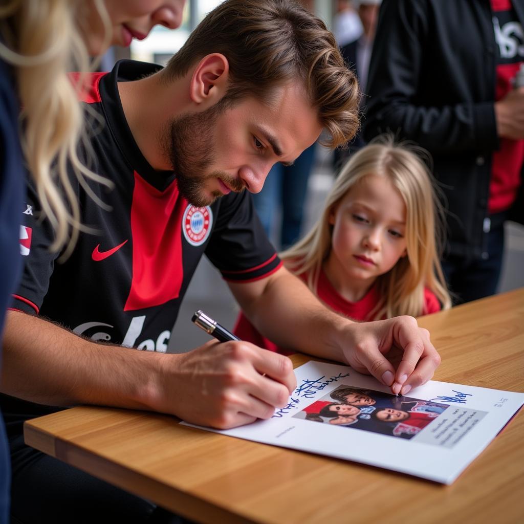 Ein Spieler von Bayer Leverkusen signiert eine Autogrammkarte