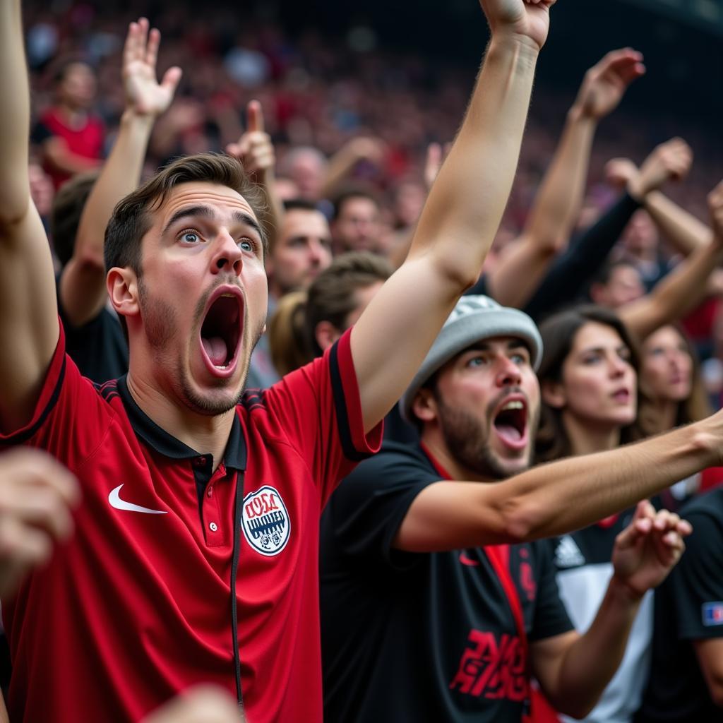 Freude der Fans beim Spiel Bayer Leverkusen gegen Borussia Dortmund