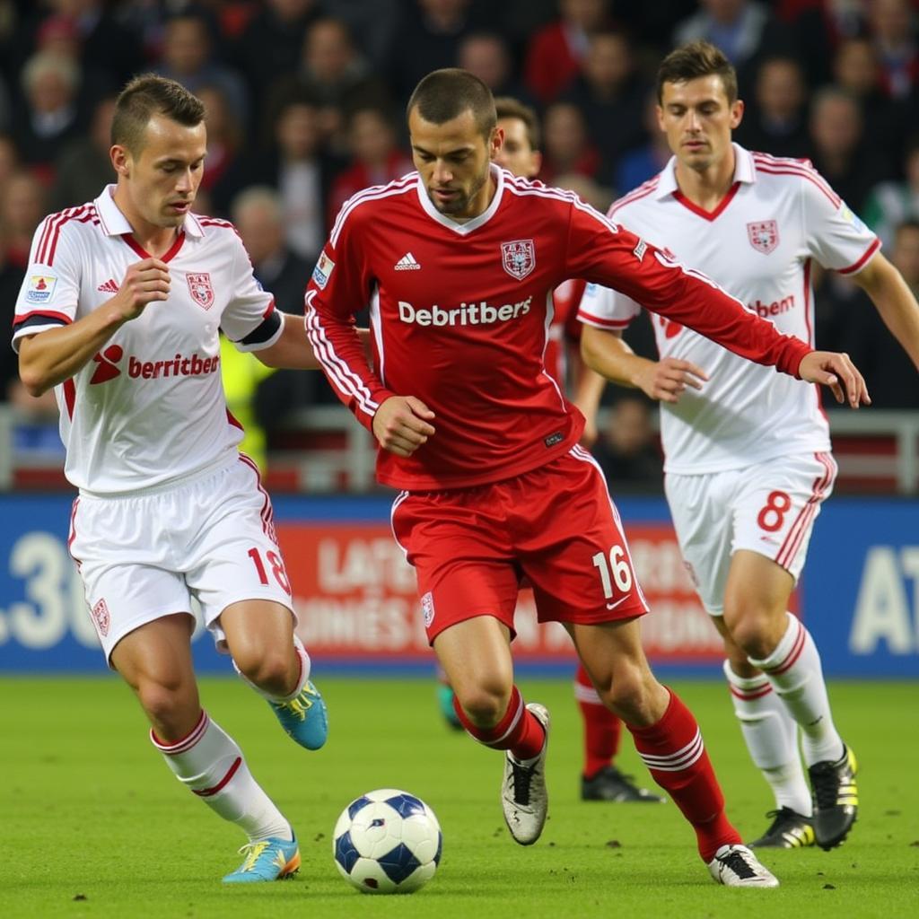 Bayer Leverkusen und Energie Cottbus Spieler kämpfen um den Ball im Stadion der Freundschaft