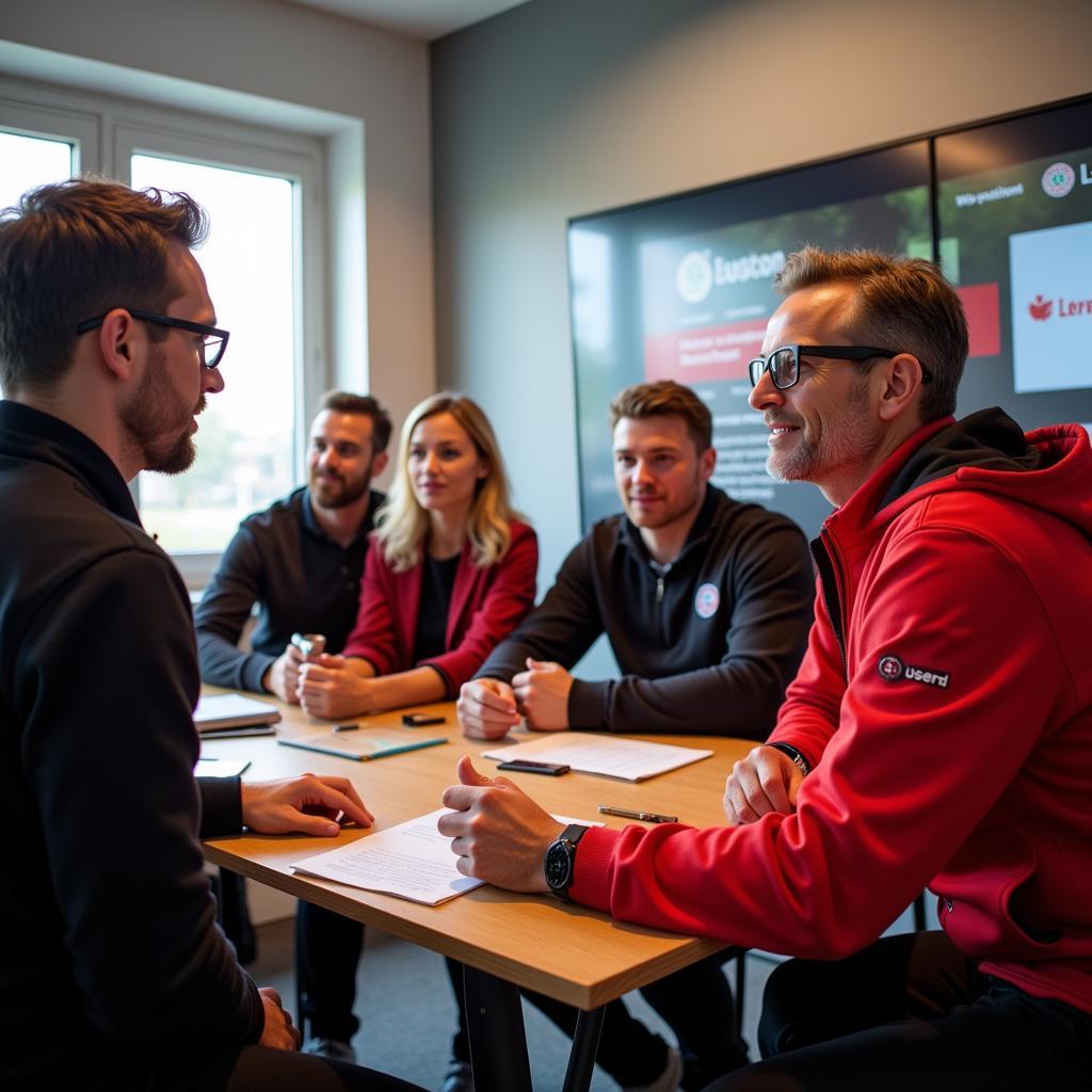 Vertreter von Bayer Leverkusen im Gespräch mit Fanvertretern.