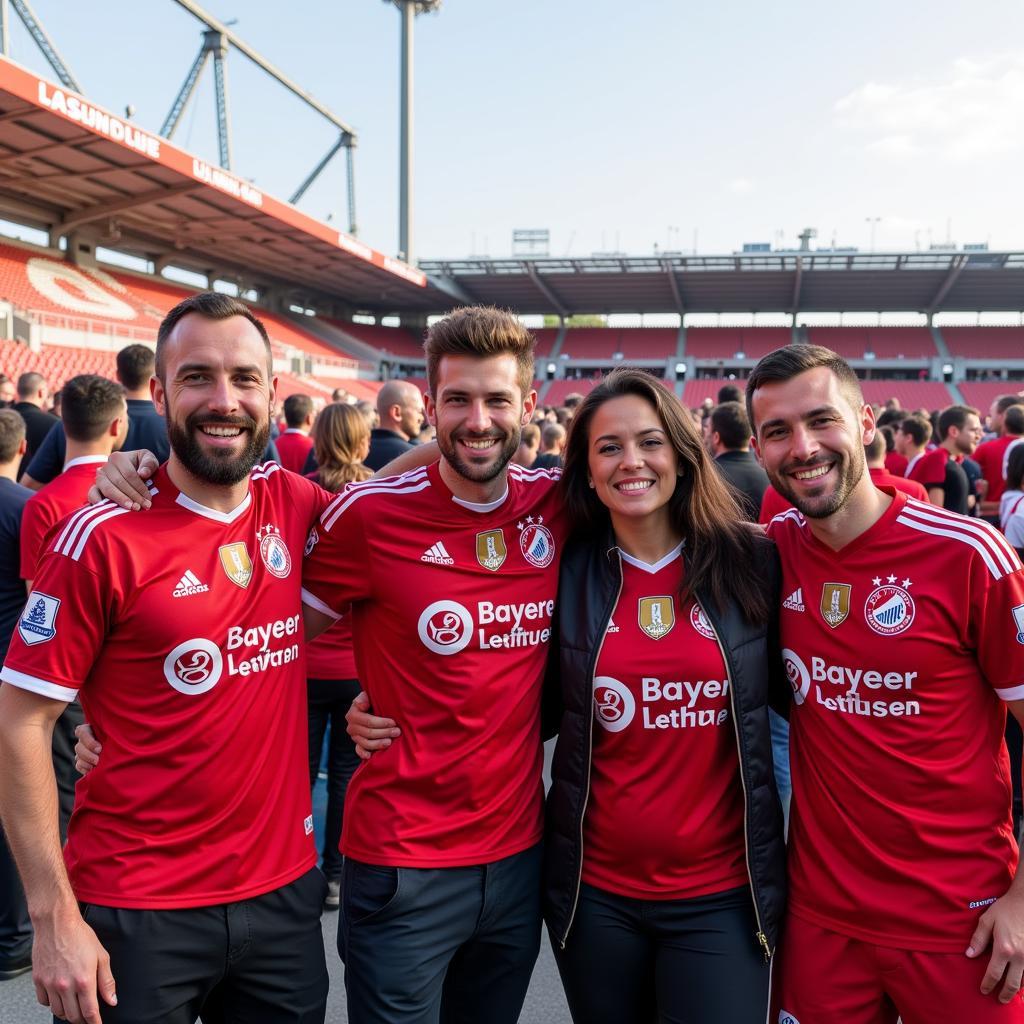 Mitglieder eines Bayer Leverkusen Fanclubs posieren für ein Foto vor dem Spiel.