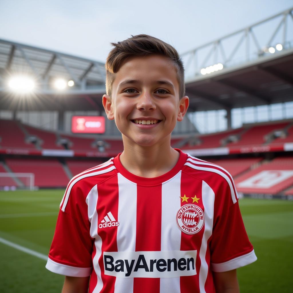 Ein junger Bayer Leverkusen Fan trägt stolz sein neues Adidas T-Shirt mit Streifen