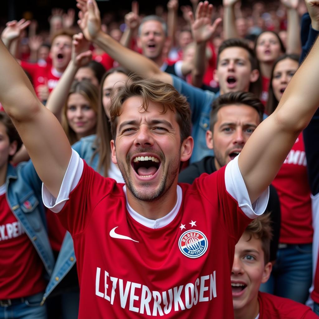 Bayer Leverkusen fans cheering enthusiastically from the stands