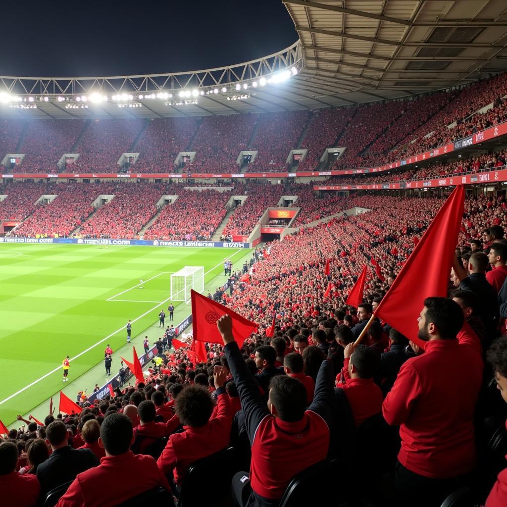 Die treuen Fans von Bayer 04 Leverkusen feiern ihren Verein.