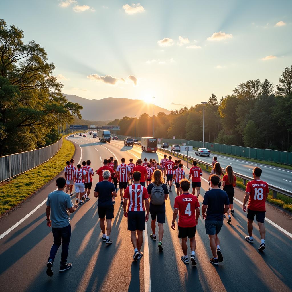 Fans von Bayer Leverkusen auf dem Weg zum Stadion an der Autobahn