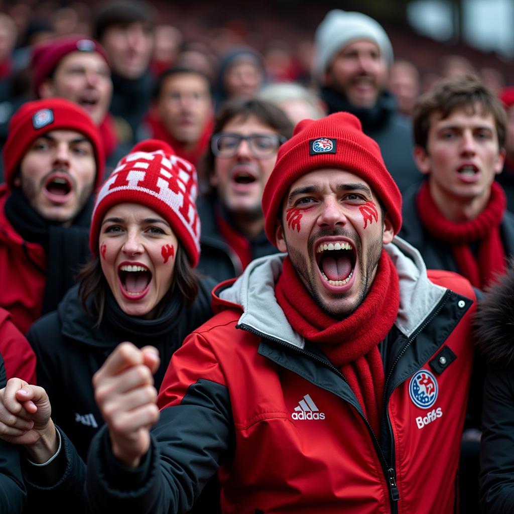 Bayer Leverkusen Fans bei einem Auswärtsspiel