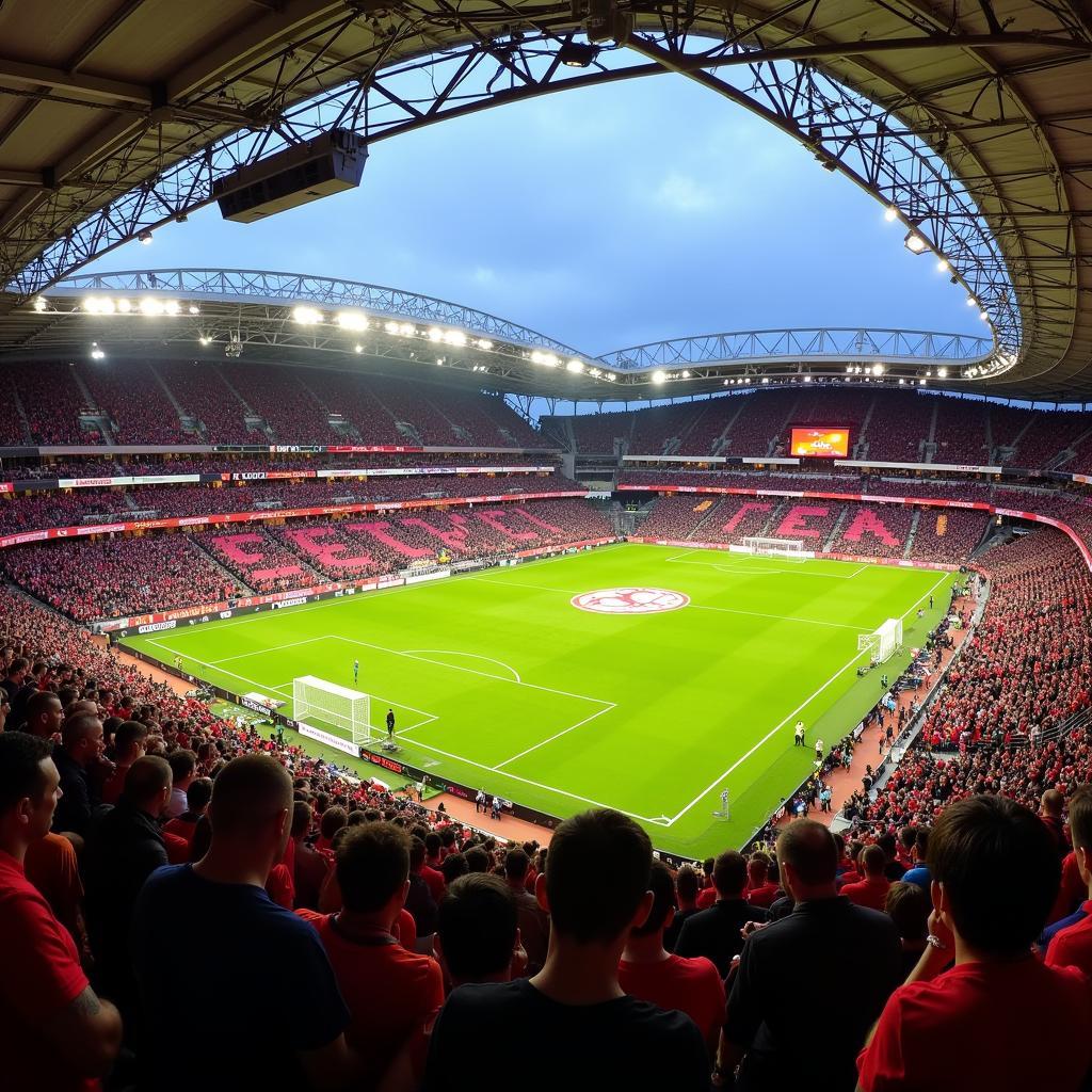 Die Fans von Bayer Leverkusen feiern ihre Mannschaft in der BayArena