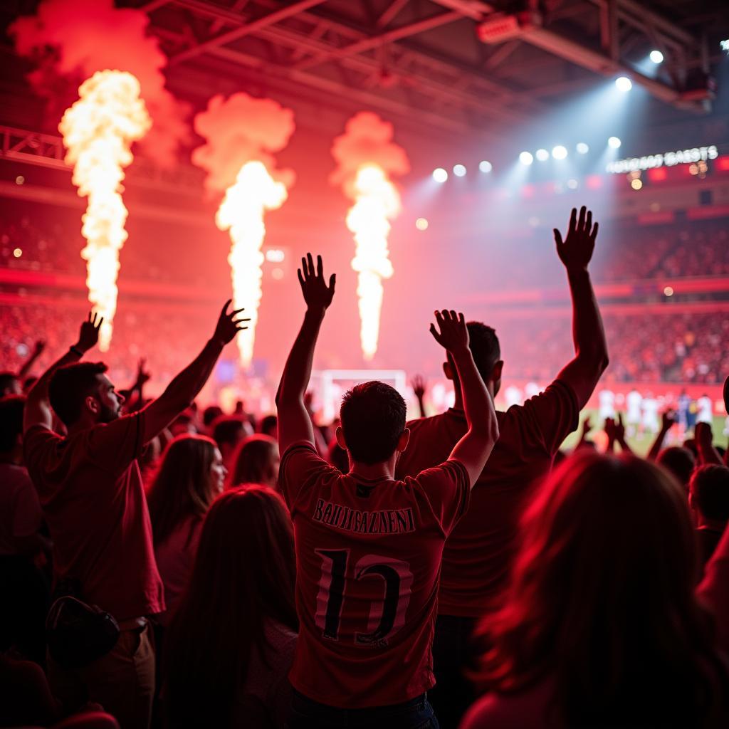 Euphorische Fans von Bayer Leverkusen feiern ihre Mannschaft in der BayArena