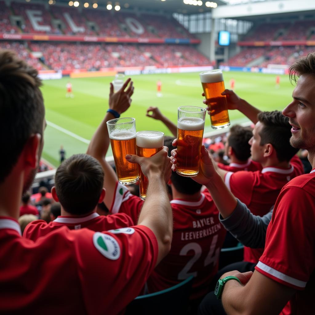 Bayer Leverkusen Fans genießen Bier im Stadion