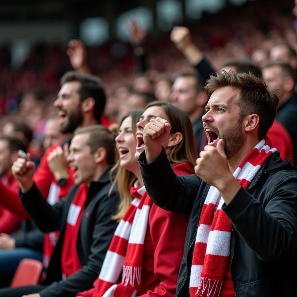 Fans von Bayer Leverkusen feiern ausgelassen auf den Rängen.