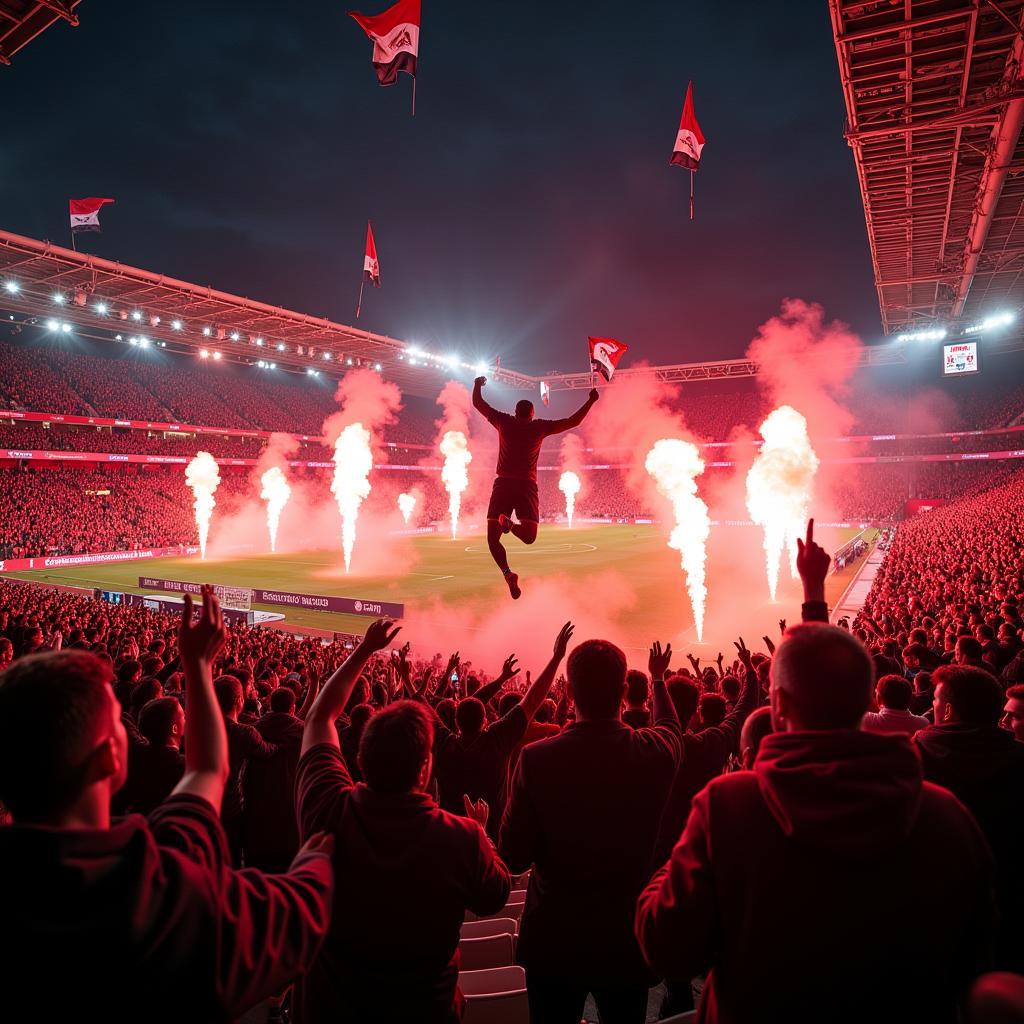 Jubelnde Bayer Leverkusen Fans im Stadion