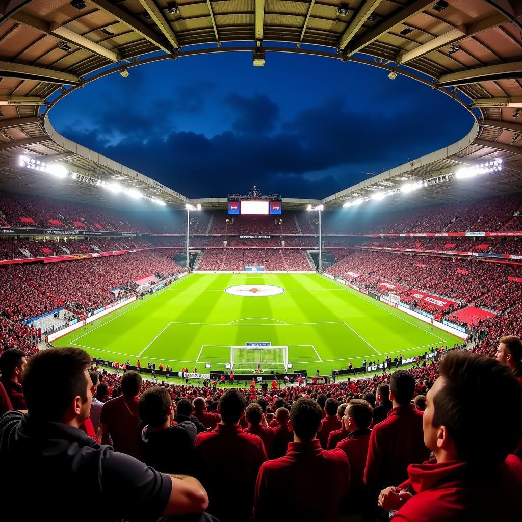 Fans von Bayer Leverkusen feiern in der BayArena