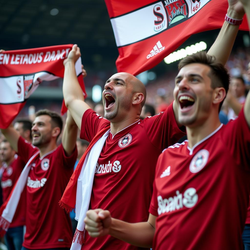 Fans von Bayer Leverkusen feiern einen Sieg im Stadion