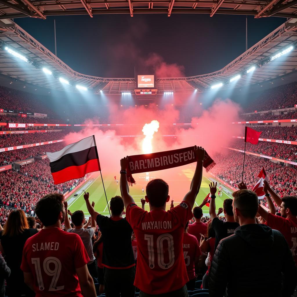 Jubelnde Fans von Bayer Leverkusen