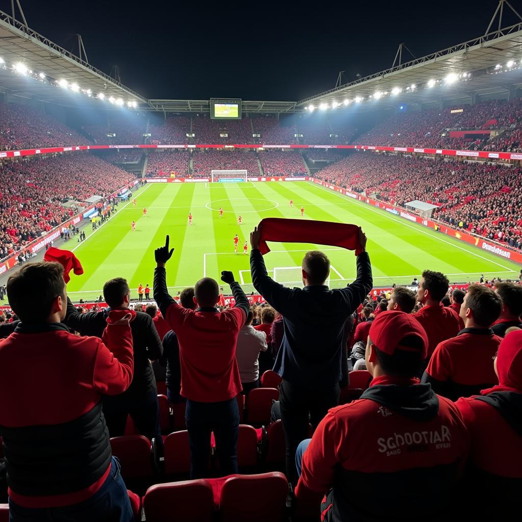 Fans von Bayer Leverkusen feiern auf der Tribüne