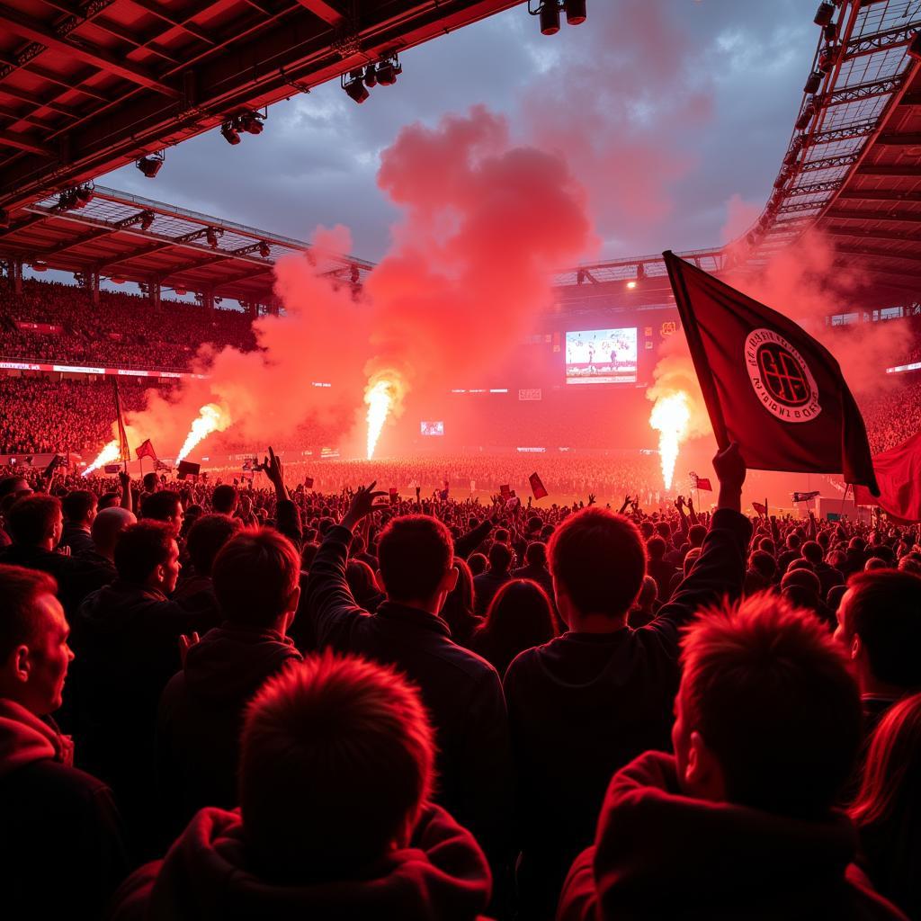 Die leidenschaftlichen Bayer 04 Leverkusen Fans feiern einen Sieg am Junkernkamp