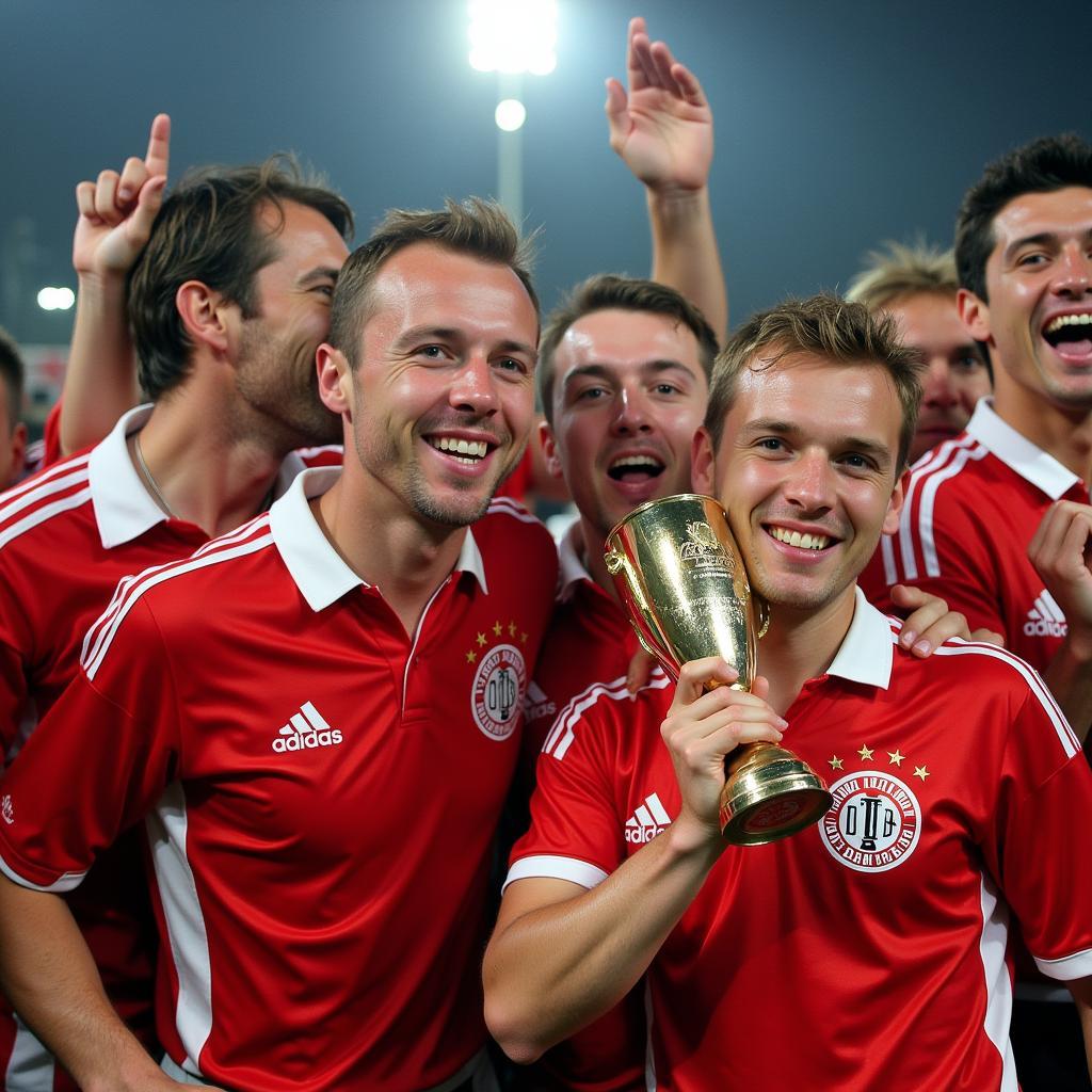 Fans von Bayer 04 Leverkusen feiern den Gewinn des DFB-Pokals 2002