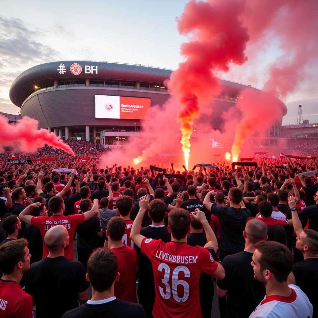 Bayer Leverkusen Fans feiern einen Sieg in der Europa League