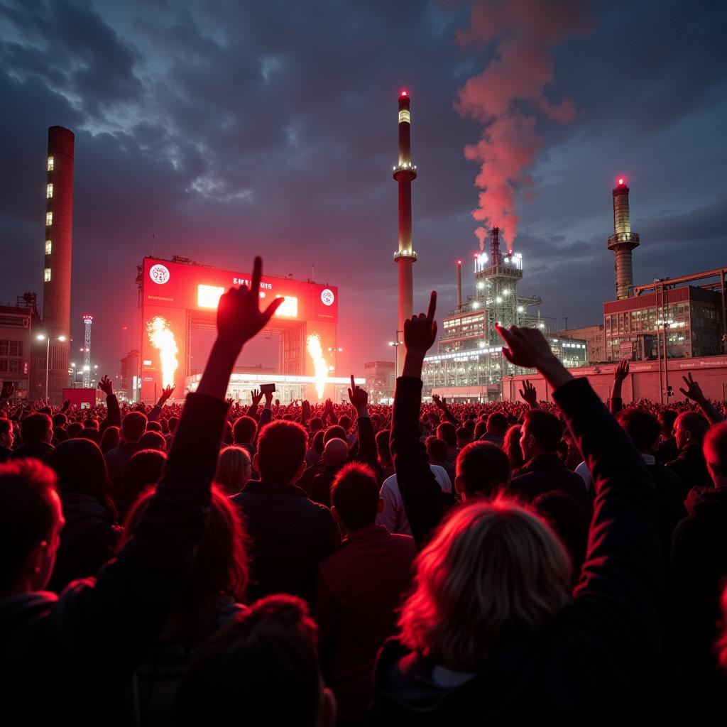 Erfolg für Bayer Leverkusen: Fans feiern vor dem Hintergrund des Chemparks