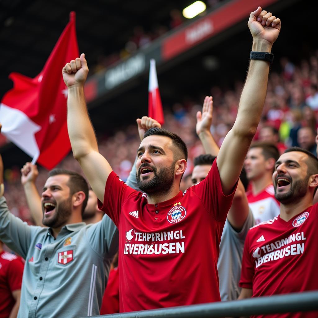 Euphorische Fans von Bayer 04 Leverkusen feiern ein Tor in der BayArena