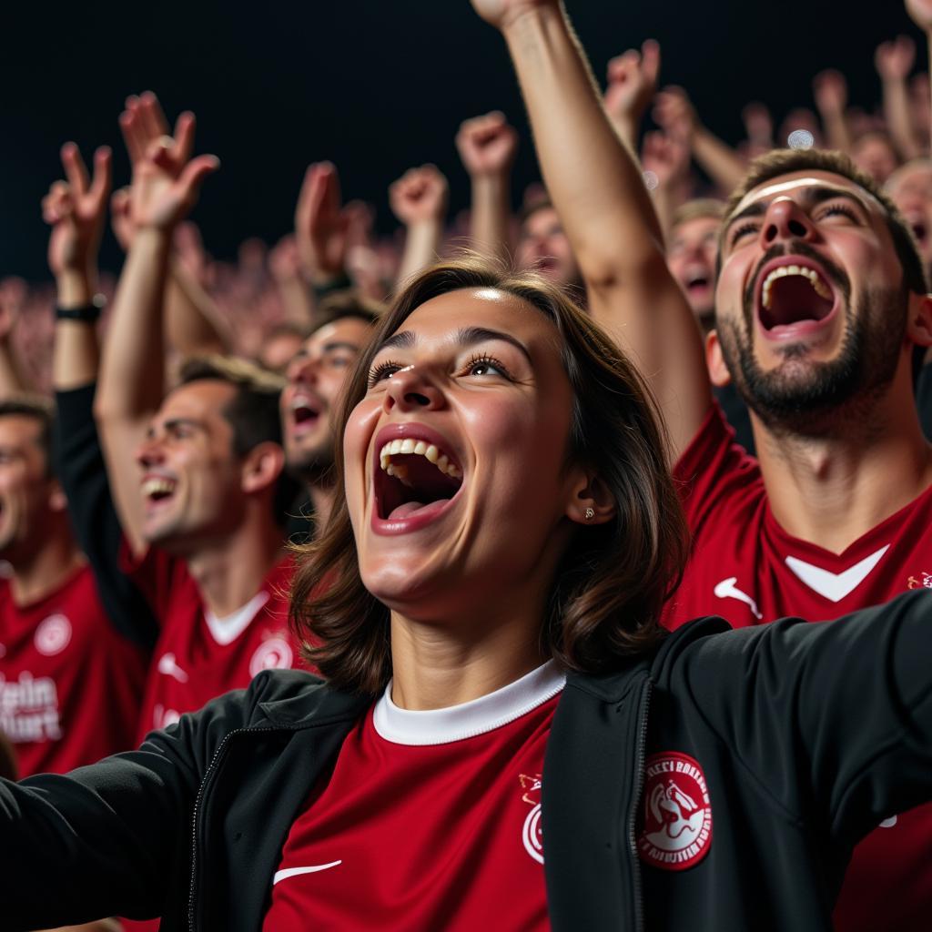 Jubelnde Bayer Leverkusen Fans in der Nordkurve nach einem Tor