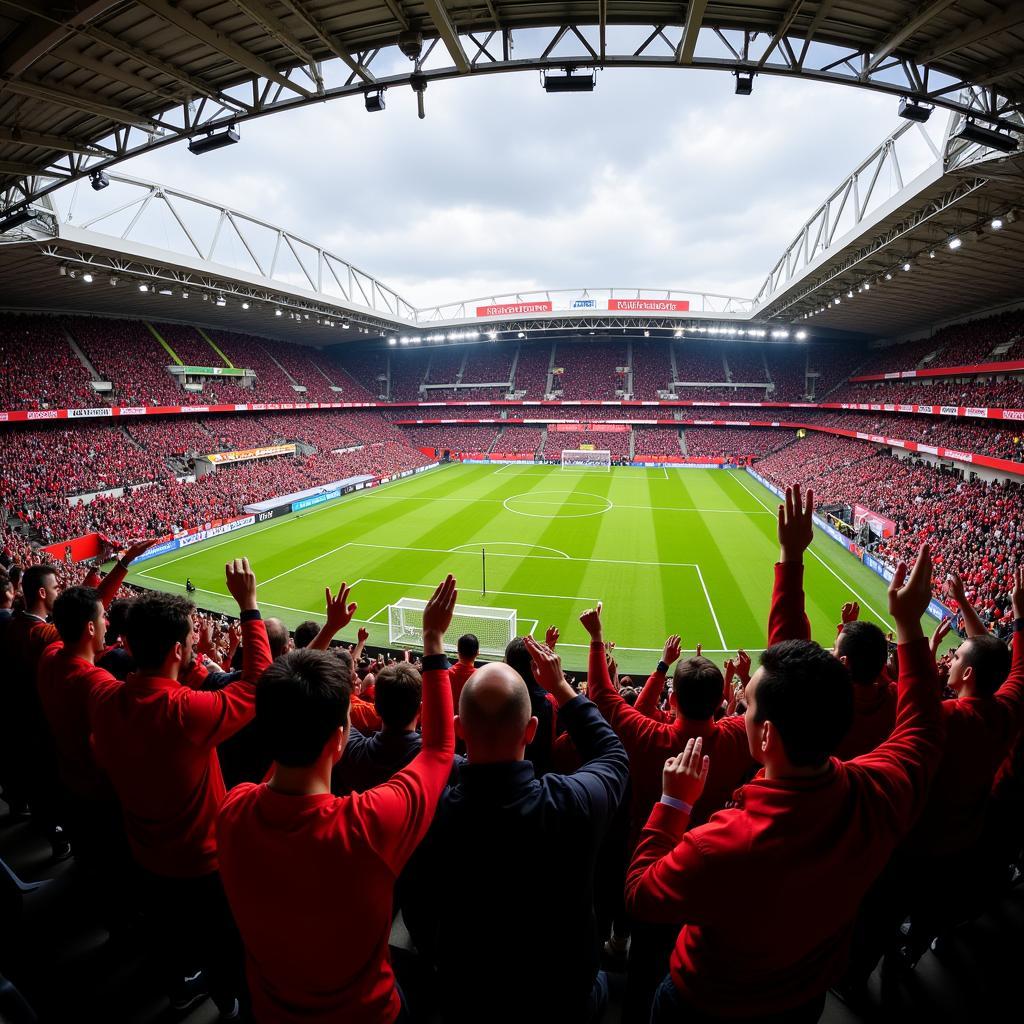 Fans von Bayer Leverkusen feuern ihre Mannschaft im Stadion an