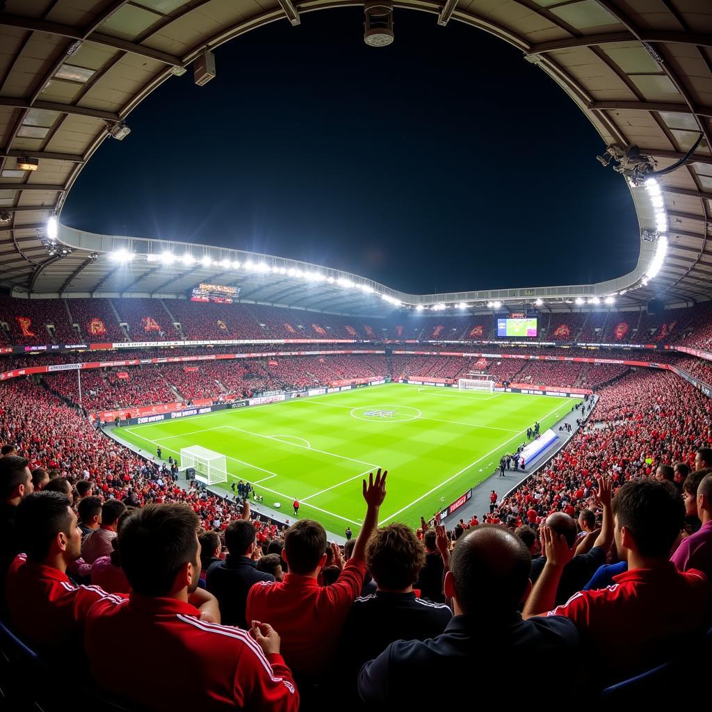 Die begeisterten Fans von Bayer Leverkusen feiern in der BayArena.