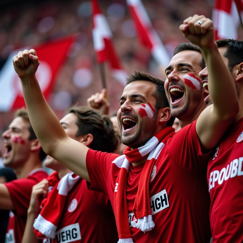 Fans von Bayer 04 Leverkusen jubeln im Stadion