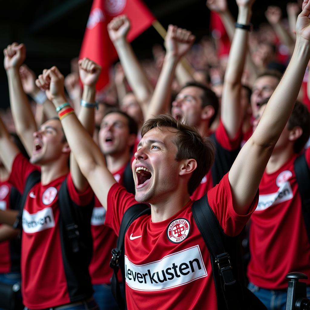 Fans von Bayer Leverkusen jubeln auf der Tribüne