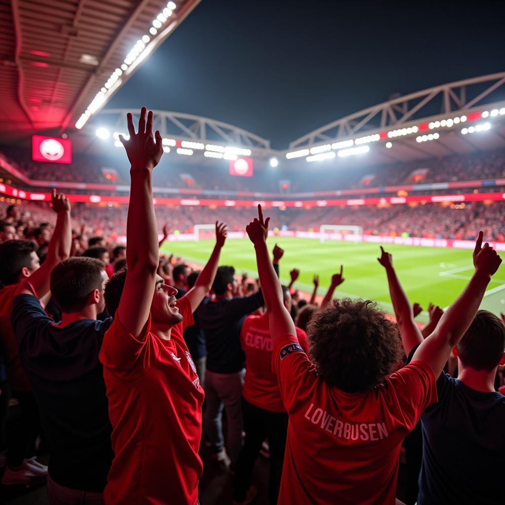 Jubelnde Fans von Bayer Leverkusen im Stadion