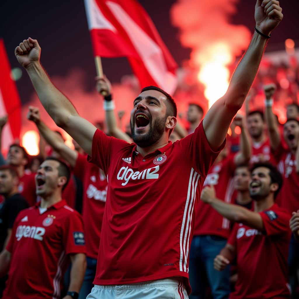 Fans des Bayer Leverkusen Fußballvereins jubeln auf der Tribüne