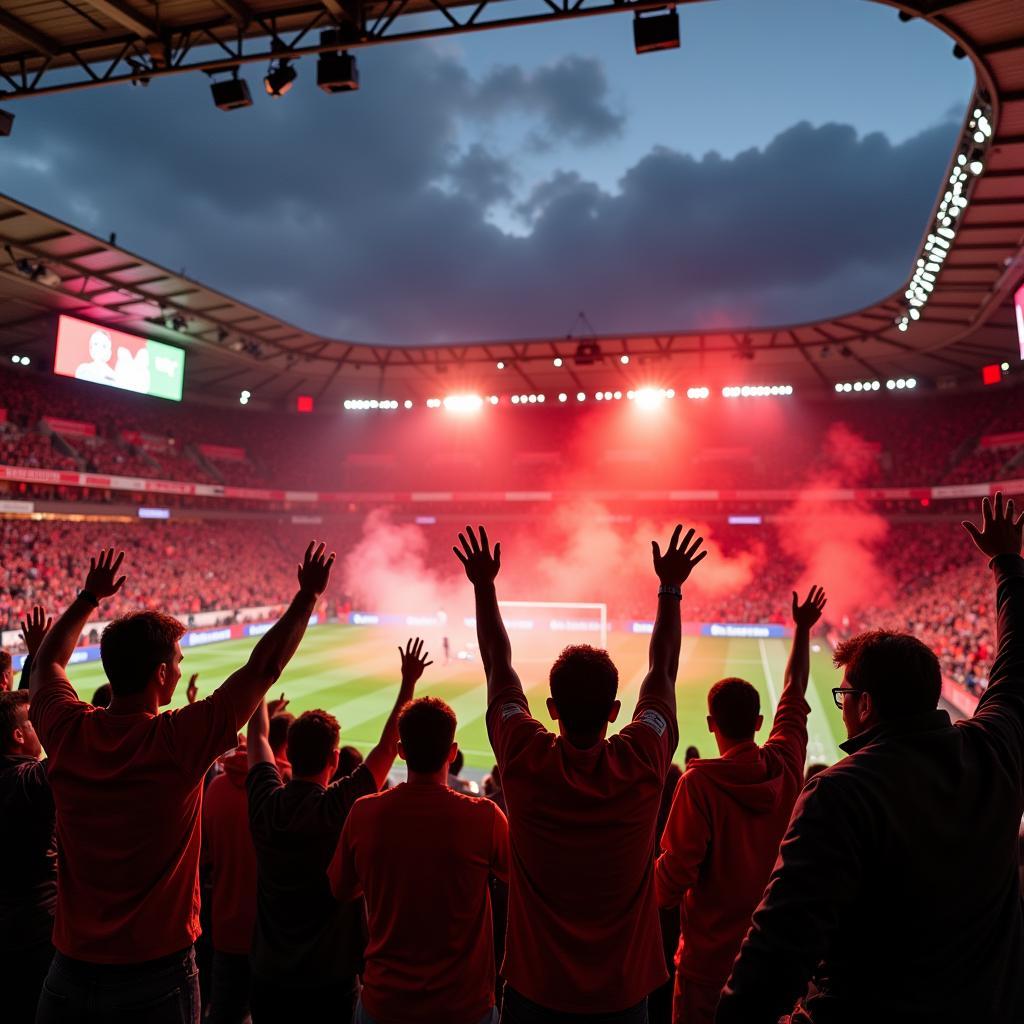 Fans von Bayer Leverkusen jubeln im Stadion