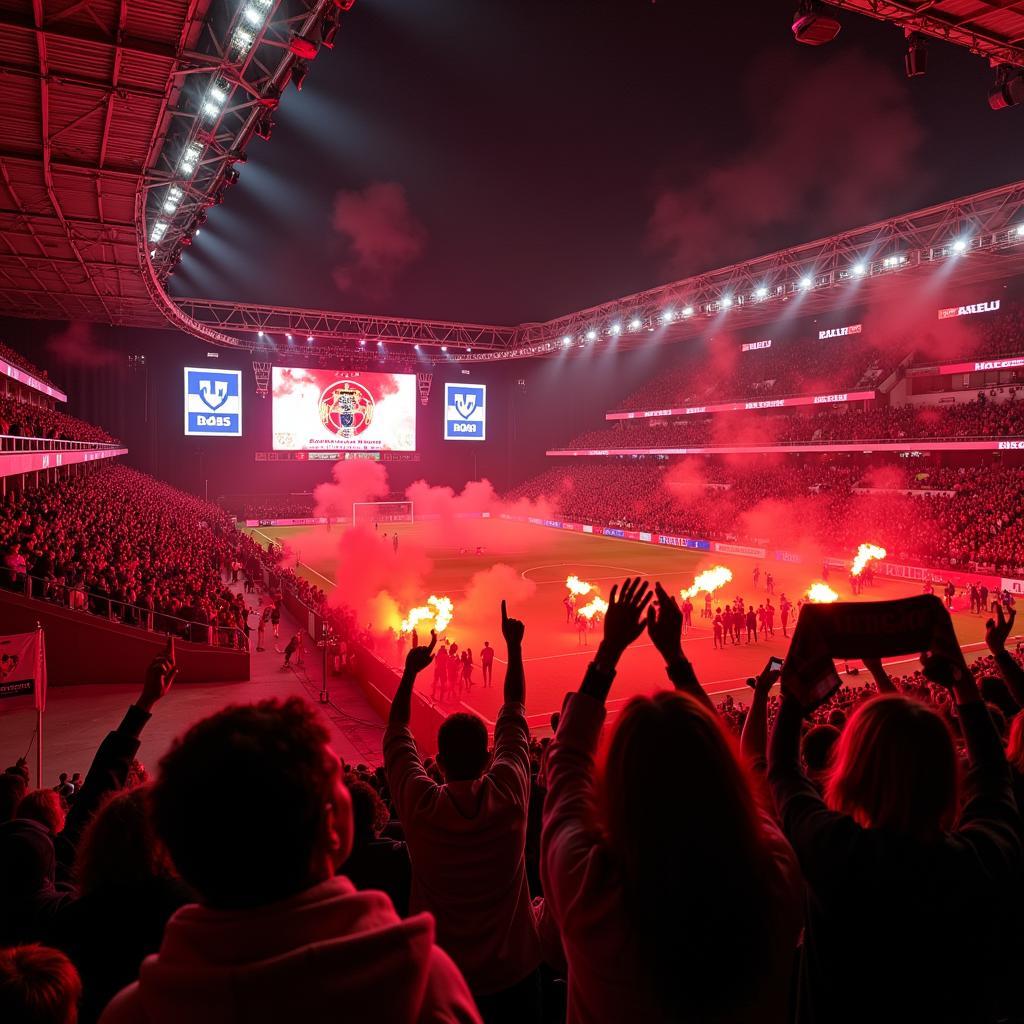 Jubelnde Bayer Leverkusen Fans feiern ein Tor in der BayArena.