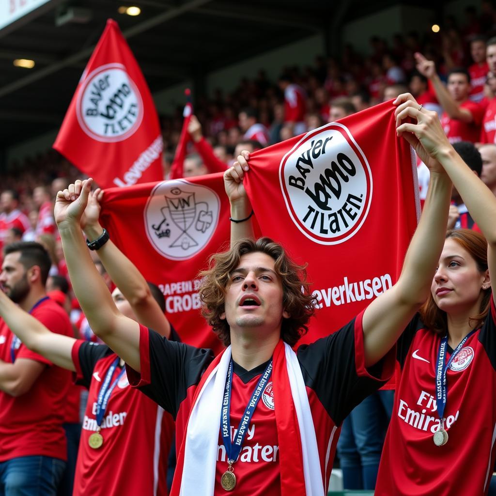 Bayer Leverkusen-Fans zeigen stolz ihre Farben im Stadion, während sie die Mannschaft anfeuern.