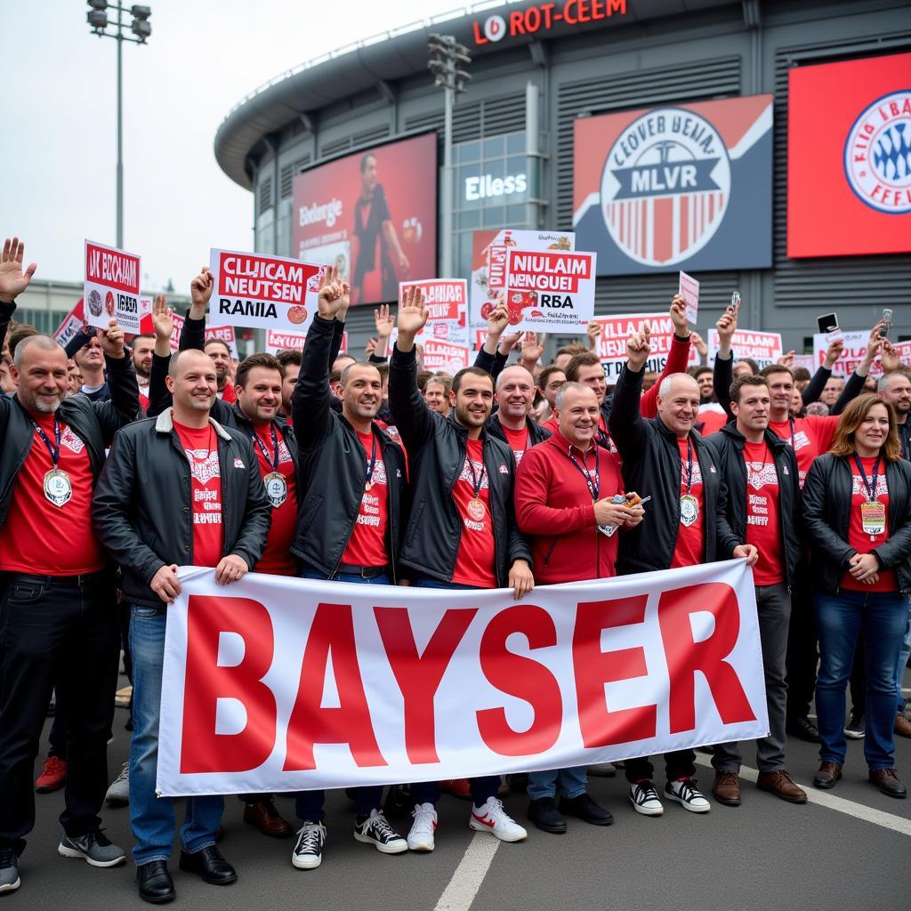 Fans von Bayer Leverkusen protestieren vor dem Stadion gegen die Vereinsführung.