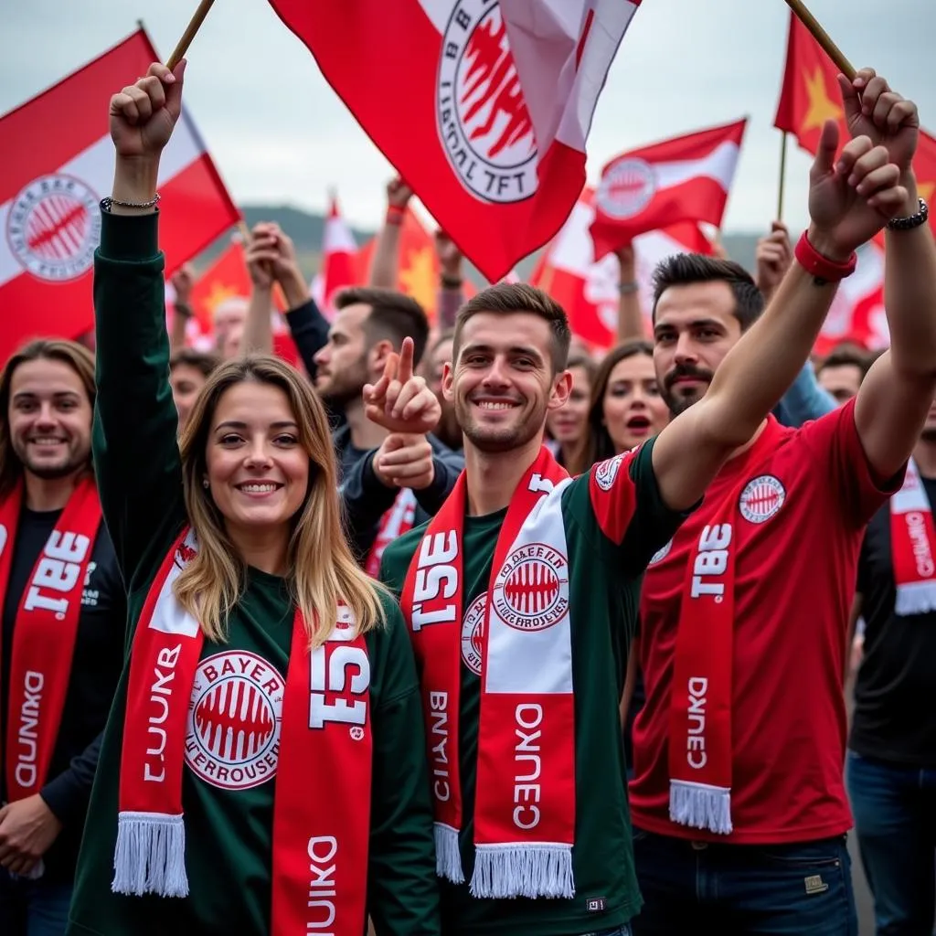 Fans von Bayer Leverkusen mit Fanartikeln