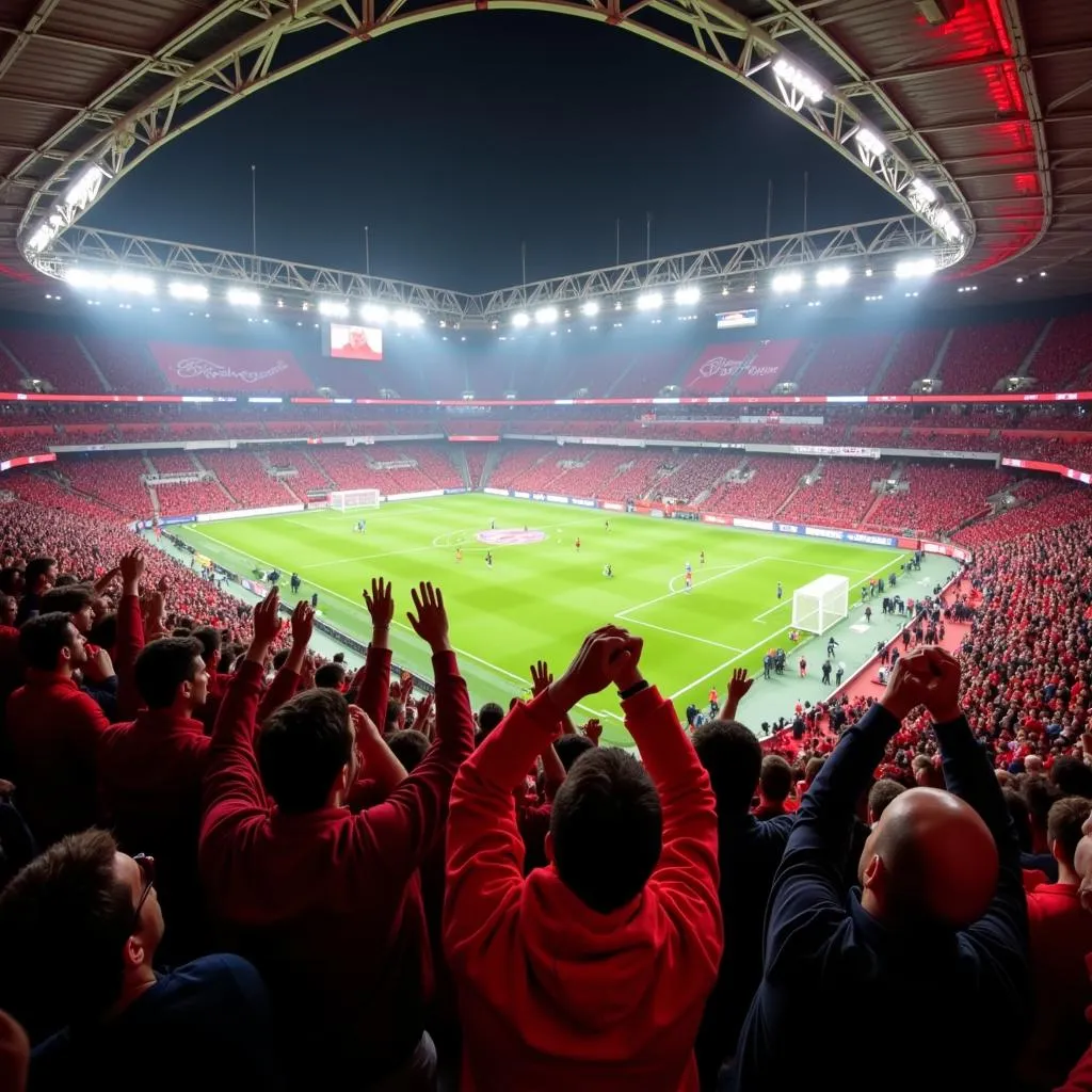 Fans von Bayer Leverkusen feiern im Stadion