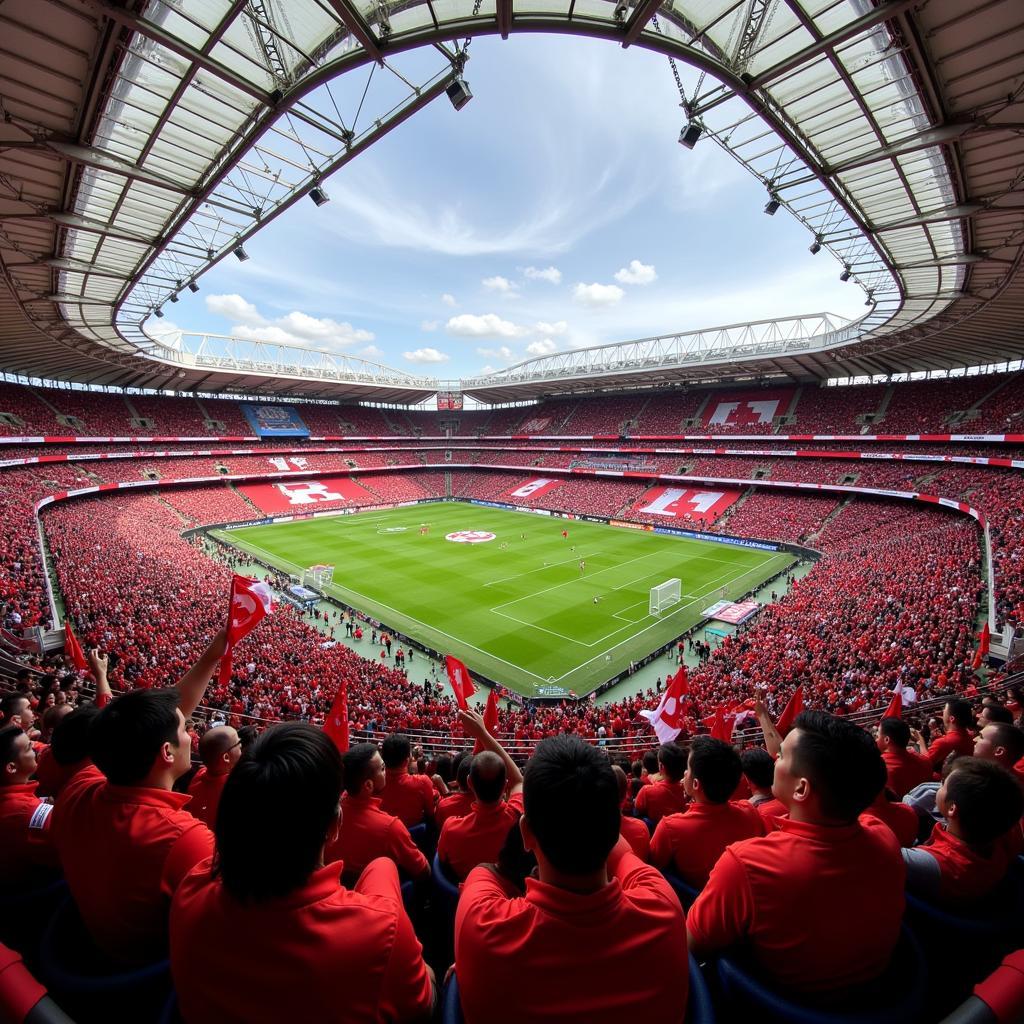 Fans von Bayer Leverkusen feiern im Stadion