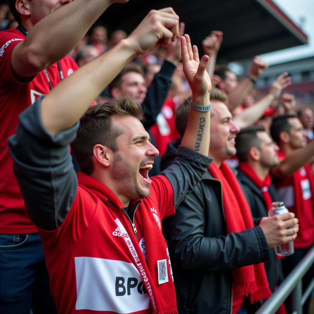 Fans von Bayer Leverkusen feiern im Stadion